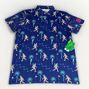 Tipsy Elves Golf Polo Shirt L Bigfoot Sasquatch Palm Tree Novelty Funny Blue NWT